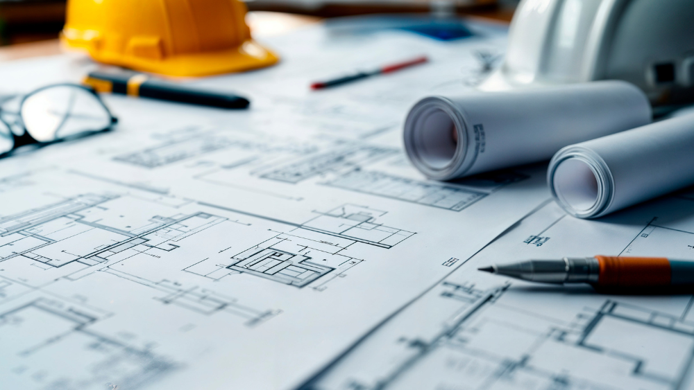 Architect reading construction blueprints